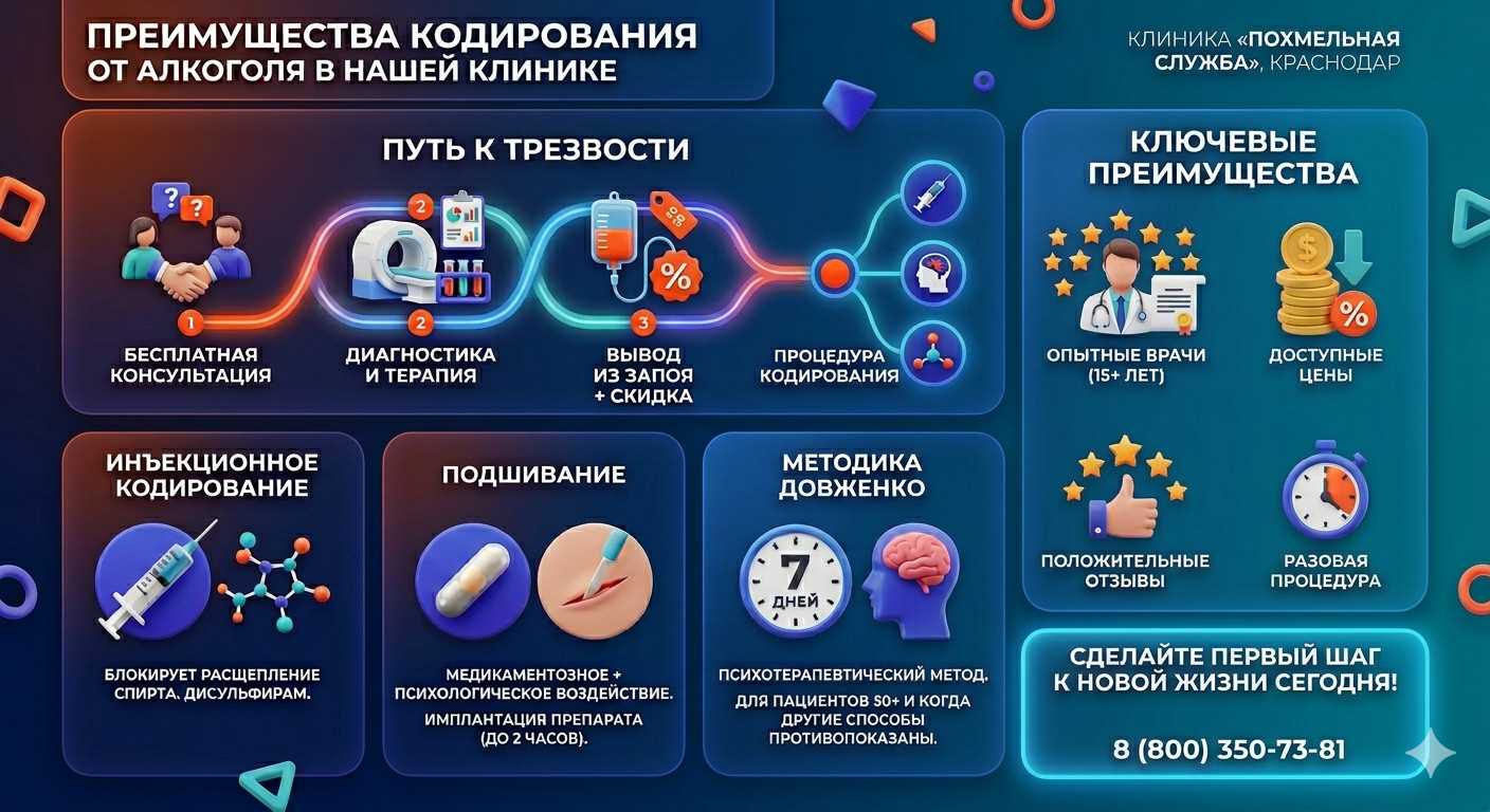 Инфографика о методах кодирования от алкоголя в Торжоке: инъекции, подшивание, метод Довженко. Преимущества клиники и этапы лечения.
