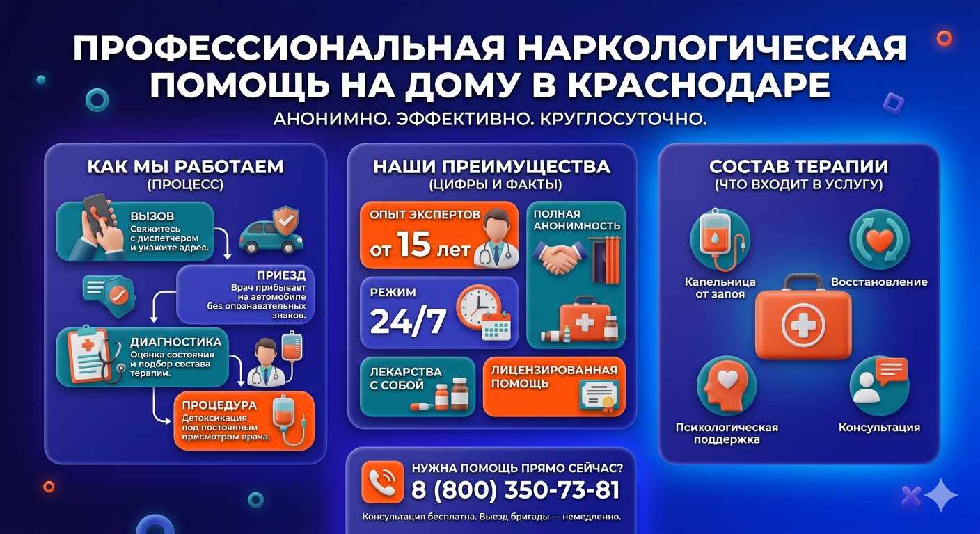 Инфографика о принципах лечения алкоголизма на дому в Торжоке: этапы вызова нарколога, преимущества анонимной детоксикации и состав медицинской помощи.